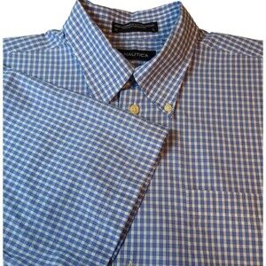 Nautica Button Down Shirt Mens Large Blue & White Check Short Sleeve Cotton NWOT